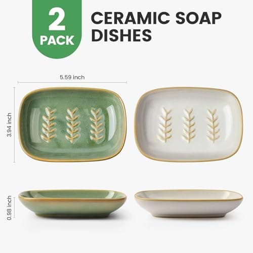2 Pack Ceramic Soap Dish for Cleaner Shower, Decorative Soap Holder for Bar Square Shampoo or Sponge, Cute Shower Soap Dish Soap Saver Tray Container for Bathroom Kitchen Sink, Easy to Clean 5