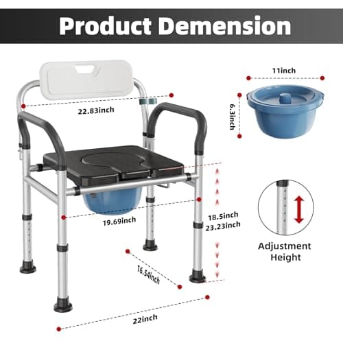 Heavy Duty Bedside Commode Chair with Adjustable Height, Raised Toilet Seat with Arms Handles and Back Support for Elderly, Portable Bedside Toilet with Bucket（Width 19.69") 6