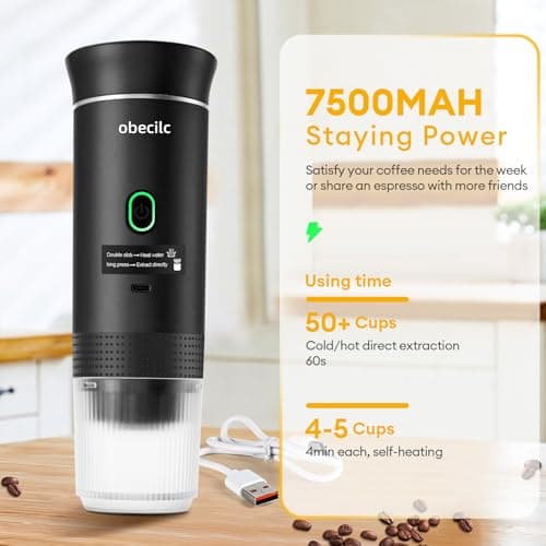 obecilc 3 In 1 Portable Coffee Maker for Travel, 20 Bar Portable Espresso Machine with USB,Travel Coffee Maker Self-Heating, Compatible with Ground Coffee & Capsule for Hiking,Office,RV（Black） 2