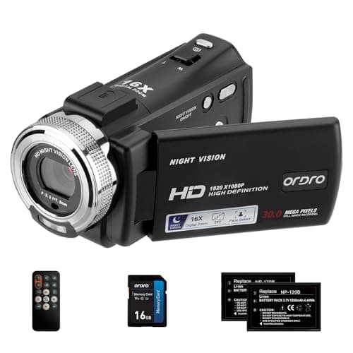 ORDRO Camcorders HDV-V12 HD 1080P Video Camera Recorder Infrared Night Vision Camera Camcorders with 16G Memory Card and 2 Batteries