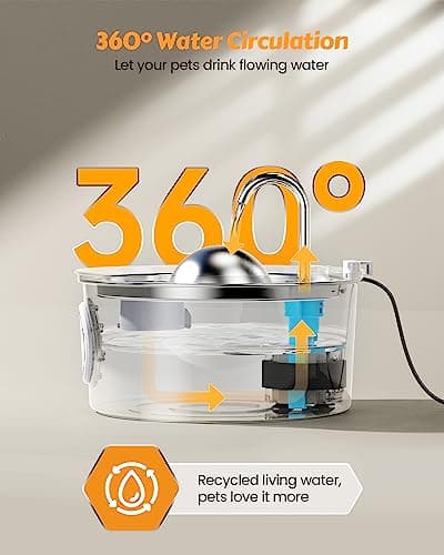 AONBOY Cat Water Fountain Stainless Steel, 108oz/3.2L Cat Fountain, Pet Water Fountain with Water Level Window, Hemispherical Shape, Multi-Filter, Silent Pump, Water Tap, Provides Flowing Water 6