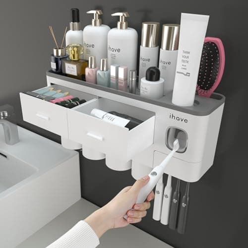 iHave Toothbrush Holders for Bathrooms, 4 Cups Toothbrush Holder Wall Mounted with Toothpaste Dispenser - Large Capacity Tray, 2 Cosmetic Drawer - Bathroom Organizer & Bathroom Accessories Set