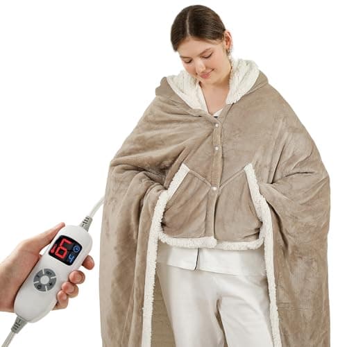 ESTINGO Wearable Heated Blanket Electric Throw, Heated Shawl with 6 Heating Levels and 1-4 Hours Auto Off, Heated Hoodie Women for Mom Women Seniors Grandma 50"×64" Light Beige