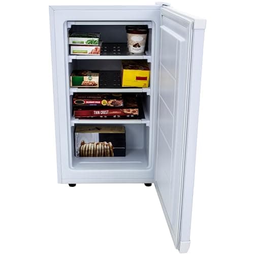 Avanti Upright Freezer Compact Design with 3 Fixed Metal Shelves, Reversible Door Adjustable Temperature Control and Flush-Back Design Perfect for Home, Office, Basements & More, 2.8-Cu.Ft, White