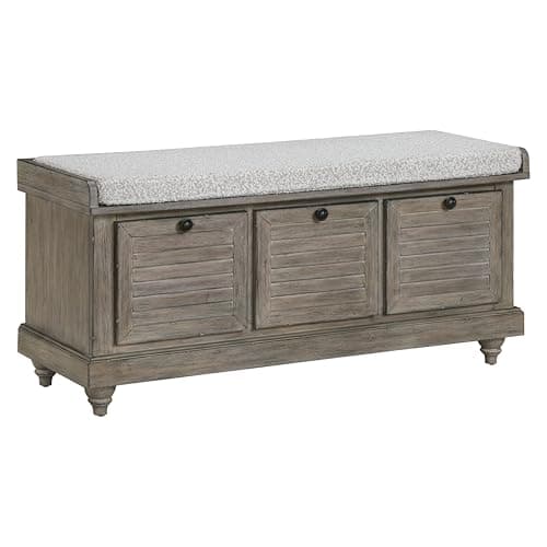 OSP Home Furnishings Dover Coastal Lift-Top Storage Bench with Shutter Face Styling, Goldstone Finish with Salt and Pepper Cushion