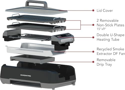 OVENTE Smokeless Indoor Grill, 1500W Electric Portable Korean BBQ Grill with One-Touch Control, LED Smart Display, Tempered Glass Lid, Two Removable Non-Stick and Dishwasher Safe Plates, Black SGR85B 7