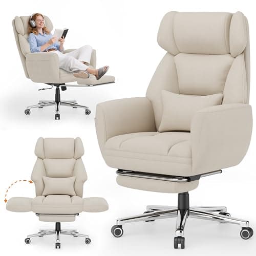 GABRYLLY Office Criss Cross Chair with Footrest, Big and Tall Executive Chair with Wide Seat,Reversible Armrest,Wheels, Lumbar Pillow and 120°Tilt,Computer Desk Chair for Gaming,Meditation,Ivory