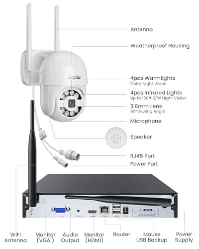 ZOSI 8CH 2K Wired WiFi Home Security Camera System, 4 x C289 3MP 2K Pan/Tilt WiFi Camera Outdoor, Auto Tracking, Color Night Vision, AI Human Detection, Spotlight Siren Alarm, Two-Way Audio, 500GB HDD 8