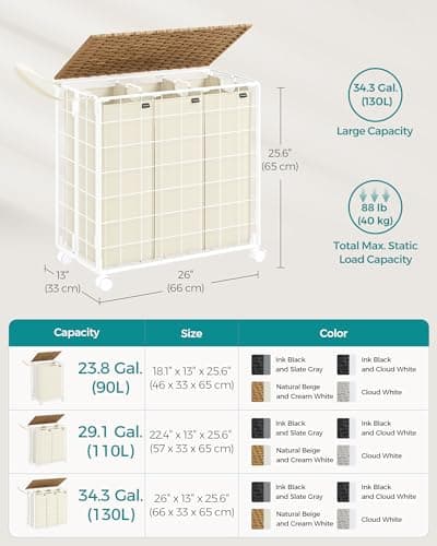 SONGMICS Laundry Hamper, 130L Laundry Basket with Lid, Clothes Hamper with Wheels, Collapsible Removable Liner Bag, Iron-Made Laundry Sorter, Natural Beige and Cream White ULCB313N01 7