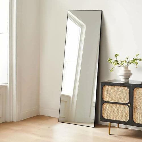 ENJOYBASICS 64"x21" Full Length Mirror with Stand, Large Full Size Body Mirror Hanging or Leaning Against Wall, Aluminum Alloy Wall Mirror, Floor Mirror for Bedroom Living Room Dressing Room, Black