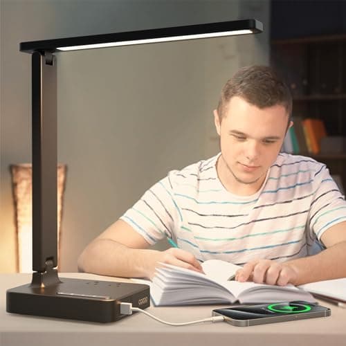 cozoo Desk Lamps for Home Office,Modern LED Desk Lamp for Dorm with 2 USB Charging Ports/Type C Port,2 AC Outlets,3 Lighting Mode,3 Level Brightness,Touch Control/Timer/Eye-Caring Foldable Table Lamp 6