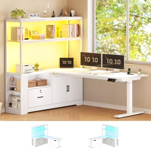 SEDETA 56.7" L Shaped Standing Desk, Reversible Computer Office Desk with Drawers & Hutch, Stand Up Corner Gaming Desks with LED Lights & Power Outlets for Home Office, White