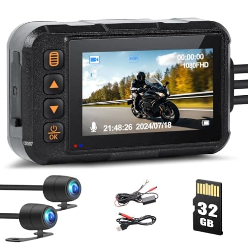 CAMECHO Motorcycle Dash Cam Front and Rear, 2 Channels Wide Angle Lens Night Vision, Full Body IP67 Waterproof, 3" Display Motorbike DVR System, Dashcam with 32GB Card, G-Sensor, Loop Recording