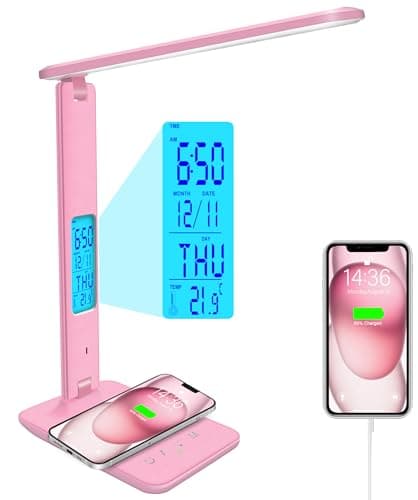 Desk Lamp with Wireless Charger，USB Charging Port, Dimmable Office Desk Light with Clock, Alarm, Date, Temperature, Foldable Lamp for Table Bedroom Bedside Office (Pink, Standard Size-13.3 inch)