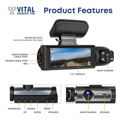 Vital Dashcam Pro 2026 Dash Cam Front and Rear Camera for Cars Dual Car Camera with Night Vision, G-Sensor 24/7 Parking Surveillance, Loop Recording, Wide Angle Easy Setup Vital Dash Cam Pro 2026 FHD 9