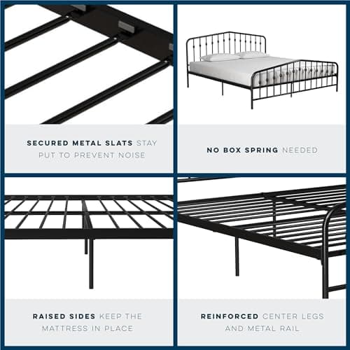 Novogratz Bushwick Modern Metal Bed, Slightly Triangular Headboard and Footboard with Inset Spindles, Adjustable Base Height for Underbed Storage, Requires No Box Spring, King Size - Black 5