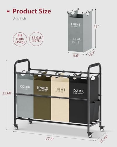 Tajsoon 4 Bag Laundry Sorter Cart, 4 Section Laundry Hamper Sorter with Heavy Duty Lockable Rolling Wheels, Laundry Separator Hamper with Removable Bags for Dirty Clothes Storage, 4 Colors 7