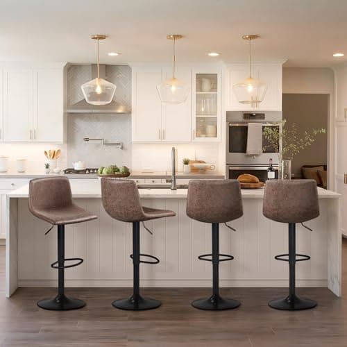 Yaheetech Bar Stools Set of 4, Armless Adjustable Swivel Barstools with Back and Footrest, PU Leather Counter Height Bar Chairs for Kitchen Island, Bar, Kitchen, Dining Room, Brown