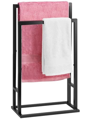 Standing Towel Rack, 2 Tier Stainless Steel Black Towel Racks for Bathroom, Hand and Floor Free Standing Drying Stand Holder for Outdoor and Hot Tub, Blanket Holder, ALHAKIN