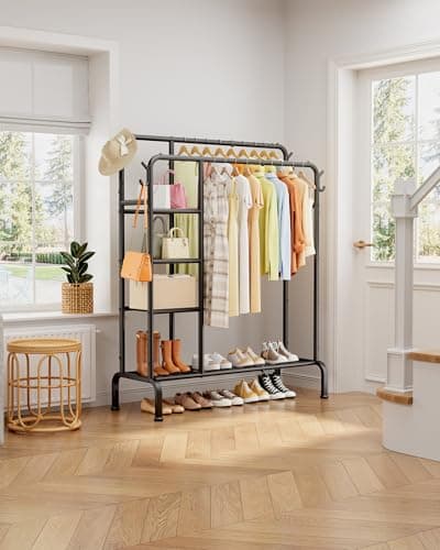 Sakugi Clothes Rack - Double-Rod Clothing Rack with Built-In Hooks & Shelves, Multi-Functional Wardrobe Closet for Bedroom, Living Room, Entryway, 41.3" x 15.3" x 59.8", Black 8
