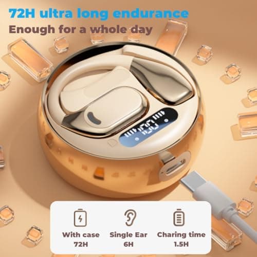 Fenpos Bluetooth Open Ear Gaming Headphones, HiFi IPX5 Waterproof Noise Cancelling Wireless Bluetooth Earbuds with Mic and Flexible Earhooks for Android/iOS 72 Hours (Beige) 7