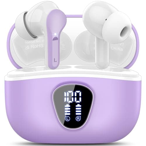 Wireless Earbuds, Bluetooth 5.4 Headphones HiFi Stereo, Bluetooth Earbuds with ENC Noise Cancelling Mic, IP7 Waterproof in Ear Earphones, 48H, LED Display Ear buds for Pad Workout Sports, Purple