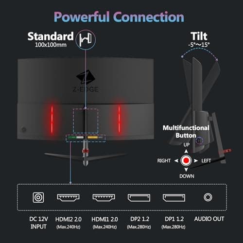 Z-Edge 27 inch Curved Gaming Monitor, FHD 1080P 240Hz 280Hz Curved 1500R Computer Monitor, Fast MPRT 1ms, FreeSync, Low Blue Light, 350nits, 16.7M Colors, 4000:1 Contrast, UG27P 2X DP and 2X HDMI 8