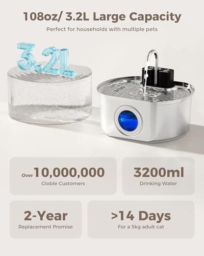 Cat Water Fountain Stainless Steel - Wireless 3.2 L/108 oz Battery Operated Automatic Pet Drinking Fountain for Cats - Cordless Water Dispenser with 4000 mAh Rechargeable Battery (1 Filter) 5