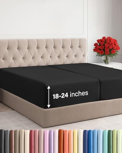 Extra Deep Split King Fitted Sheet - Hotel Luxury Single Fitted Sheet Only - Easily Fits 18 inch to 24 inch Mattress - Ultra Soft, Wrinkle & Fade Free w/Extra Deep Pocket - Breathable & Comfy - Black