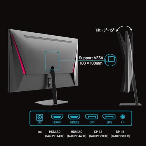 KTC 24 Inch 180Hz Gaming Monitor, 2K QHD Fast IPS PC Gaming Monitor, 1440p 1ms Computer Monitor 144Hz, G-Sync and FreeSync Compatibility, HDR Support, HDMI Displayport, VESA, Q24T09 6