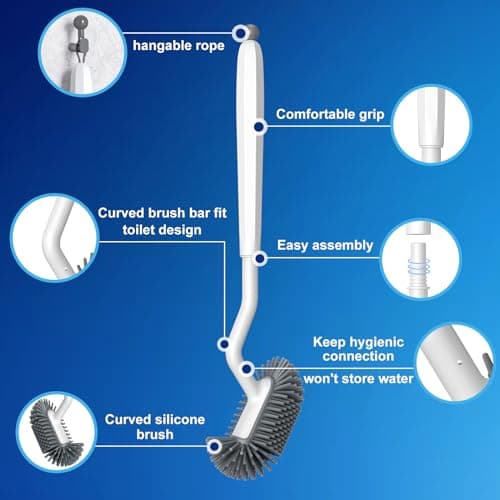 HAMITOR Toilet Bowl Brush Holder Set: Deep Cleaning Silicone Toilet Cleaner Scrubber Under Rim with Curved Bristle for Bathroom Dead Corner Clean - Modern Rv Toilet Decorative Accessories - White 8