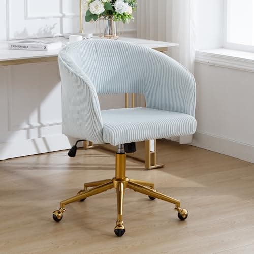 ABET Desk Chair with Wheels, Corduroy Home Office Chair, Swivel Armchair Gold Base, Upholstered Modern Accent Chairs, Back Incline Adjustable for Living Room Bedroom Vanity, Light Blue