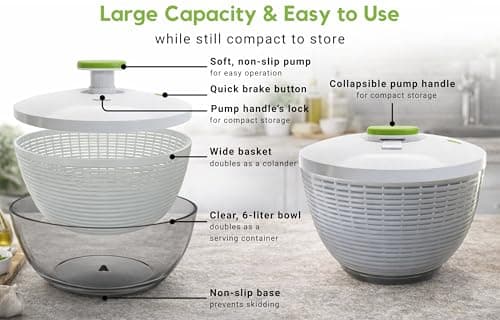 Brieftons 6.2-Quart Large Salad Spinner: Vegetable Washer Dryer Drainer Strainer with Bowl & Colander, Easy One-Handed Pump, Compact Storage, for Washing, Cleaning & Drying Greens, Vegetables, Fruits 5