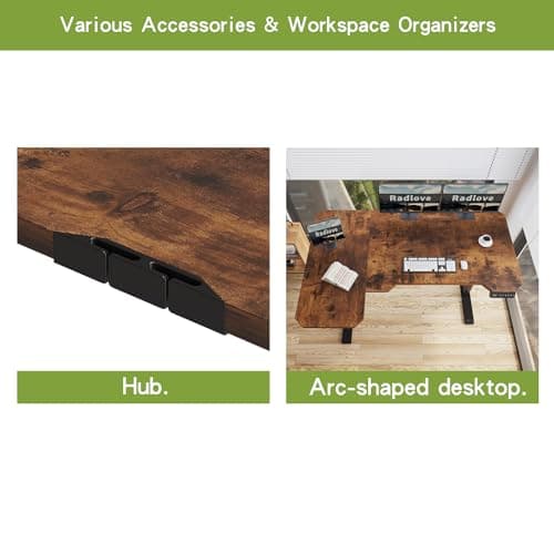 Radlove Dual Motors Height Adjustable 59'' L Shaped Electric Standing Desk with Curved Design Stand Up Table 4 Memory Keys, Computer Desk with Splice Board Home Office Desk, Brown Top + Black Frame 6