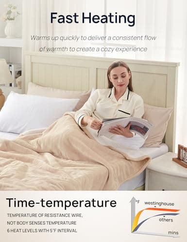 Westinghouse Electric Throw Blanket with Foot Pocket for Adults, Soft Flannel to Sherpa Heated Throw with 6 Heating Levels & 2-10 Hours Time Settings, Fast Heating & Machine Washable, 50x62, Beige 5