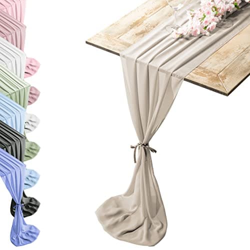 Silky Touch Chiffon Table Runner with Two Style Ribbon Ties - 10ft. Sandy-Beige Table Runner, Wedding Table Runner 29 x 120 Inches, Great Runner for Halloween Party, Christmas Event & Elegant Dining