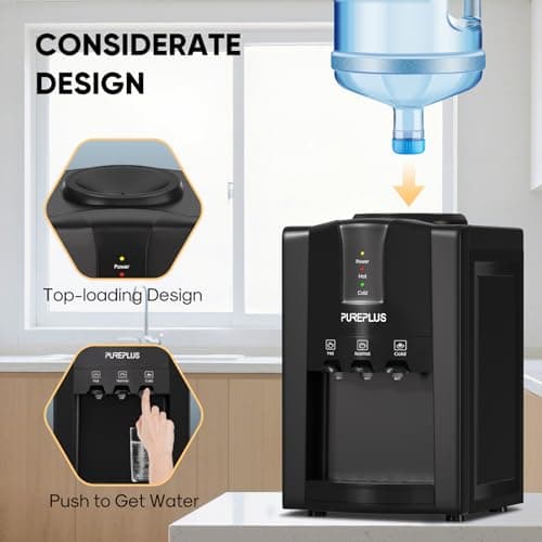 PUREPLUS Top Loading Countertop Water Dispenser, 3 or 5 Gallon Water Cooler, 3-Temperature Settings for Hot & Cold, Room Temperature Water, Removable Drip Tray, Compact for Home, Office, Dorm & RV Use 8