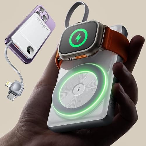 LISEN Magsafe Wireless Power Bank for iPhone 16 Icemag Power Bank, 10000mah Built-in Cable Pack Power Bank Fast Charging 22.5W Portable Charger with Apple Watch Charger Fits iPhone 16 15 14 Pro Plus 9