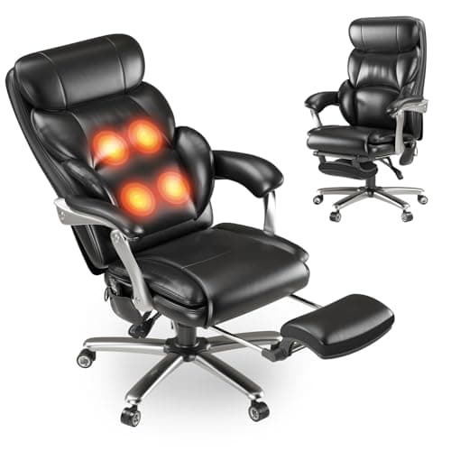 MALOL Massage Office Chair with Foot Rest, Heat Executive Office Chairs400lbs, Reclining Desk Chair, Leather Office Chair with 4-Point Vibration，Wider Seat，Silent Wheels for Heavy People,Black