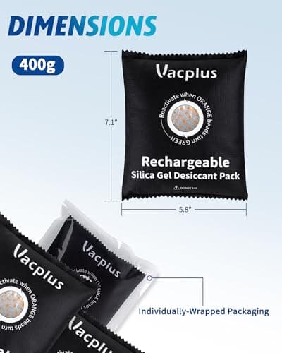 Vacplus 2 Pack 400g Reusable Desiccant Packs for Storage, Large Silica Gel Packets with Indicator Beads, Dehumidifier and Moisture Absorber for Car, Closet, Drawer, 5.8" x 7.1" 7