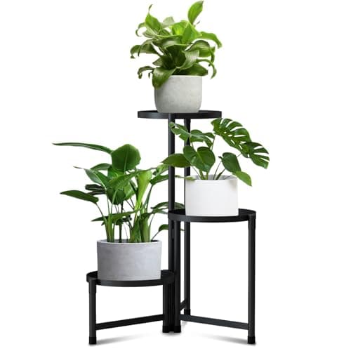 OUDUOPLANT Plant Stand Indoor Outdoor, 3 Tier Black Metal Plant Stands Indoor Clearance，9.8in Broaden Disc Flower Stand Tray,28in Tall MetalCorner Plant Stand for Living Room Balcony Garden Patio