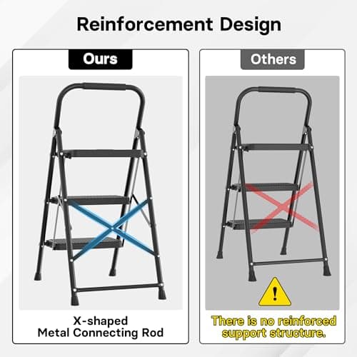 BONTEC 3-Step Ladder, Folding Step Stool, 600lbs Max Load Capacity, Sturdy Steel, Non-Slip Pedals, Lightweight, Portable Steel Ladder with Convenient Handrail, Safety Design for Home & Work, Black 6