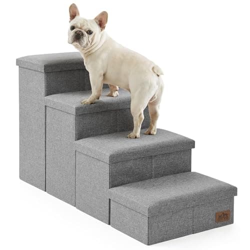 Dog Stairs with Storage, 4-Step Wider Sturdy Dog Steps for Small/Medium/Large Dogs and Older Cats, Folding Doggie Ramp for Bed/Couch/Car Hold Up to 180 lbs (22" H, Grey)