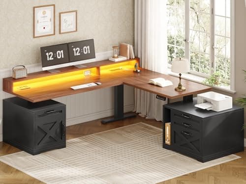 SEDETA Farmhouse L Shaped Standing Desk, 71" x 73" Height Adjustable Home Office Executive Desk with Drawers, Power Outlet, Monitor Stand, Sit Stand Table with Led Lights for Home Office, Black