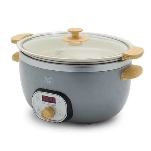 GreenLife 6QT Slow Cooker, Non-Toxic PFAS-Free Ceramic Nonstick Removable Interior Bowl, Programmable, Family Friendly, Keep Warm, Stovetop & Oven Safe, Dishwasher Safe Crock, Timer, Glass Lid, Gray