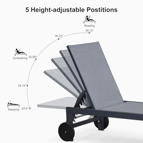 PURPLE LEAF Outdoor Chaise Lounge with Wheels for Outside 2 Pieces Aluminum Patio Lounge Chair with 5 Adjustable Position Recliner for Patio, Beach, Yard, Pool, Side Table Included, Grey 7