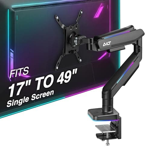 AVLT RGB Lights Single 17”-49” Gaming Monitor Arm Desk Mount, Fits One Flat/Curved/Ultrawide Screen up to 44lbs(20kg), Height Swivel Tilt Adjustable Stand - Black