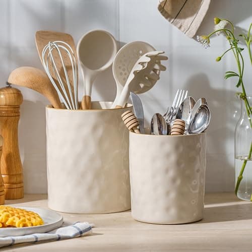 famiware Ocean Utensil Holder, 7.2"+5.8" Ceramic Kitchen Utensil Holder for Countertop, Cooking Utensil Crocks, Utensil Organizer for Spatula & Spoon, Kitchen Decor, Set of 2, Vanilla White