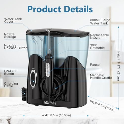 H2ofloss Water Flosser for Teeth, Braces, Professional Water Teeth Cleaner with 800ML Water Tank and 5 Settings, 13 Multifunctional Nozzles and Hygienic Nozzles Storage Compartment for Family (Black) 6