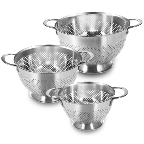 Stainless Steel Colander Set of 3 (1.5-3-5Quart) | Durable Rice and Pasta Strainer with Handle | Oversized Handles | Nesting Design | Rust-Resistant & Dishwasher Safe